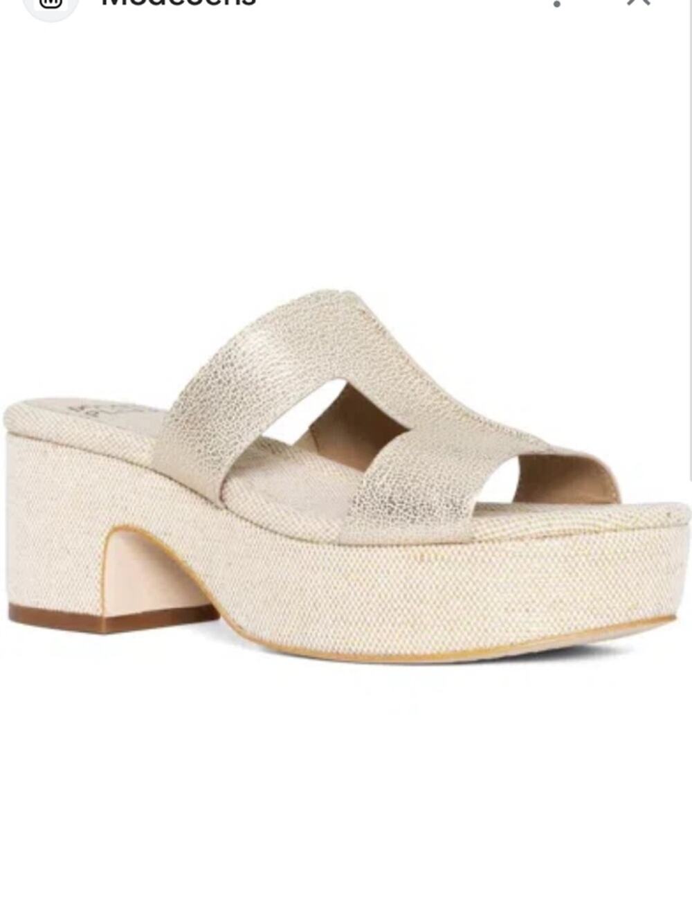 Donald Pliner Disco Leather Woven Metallic Gold Thread chunky Heel Sandals 7.5